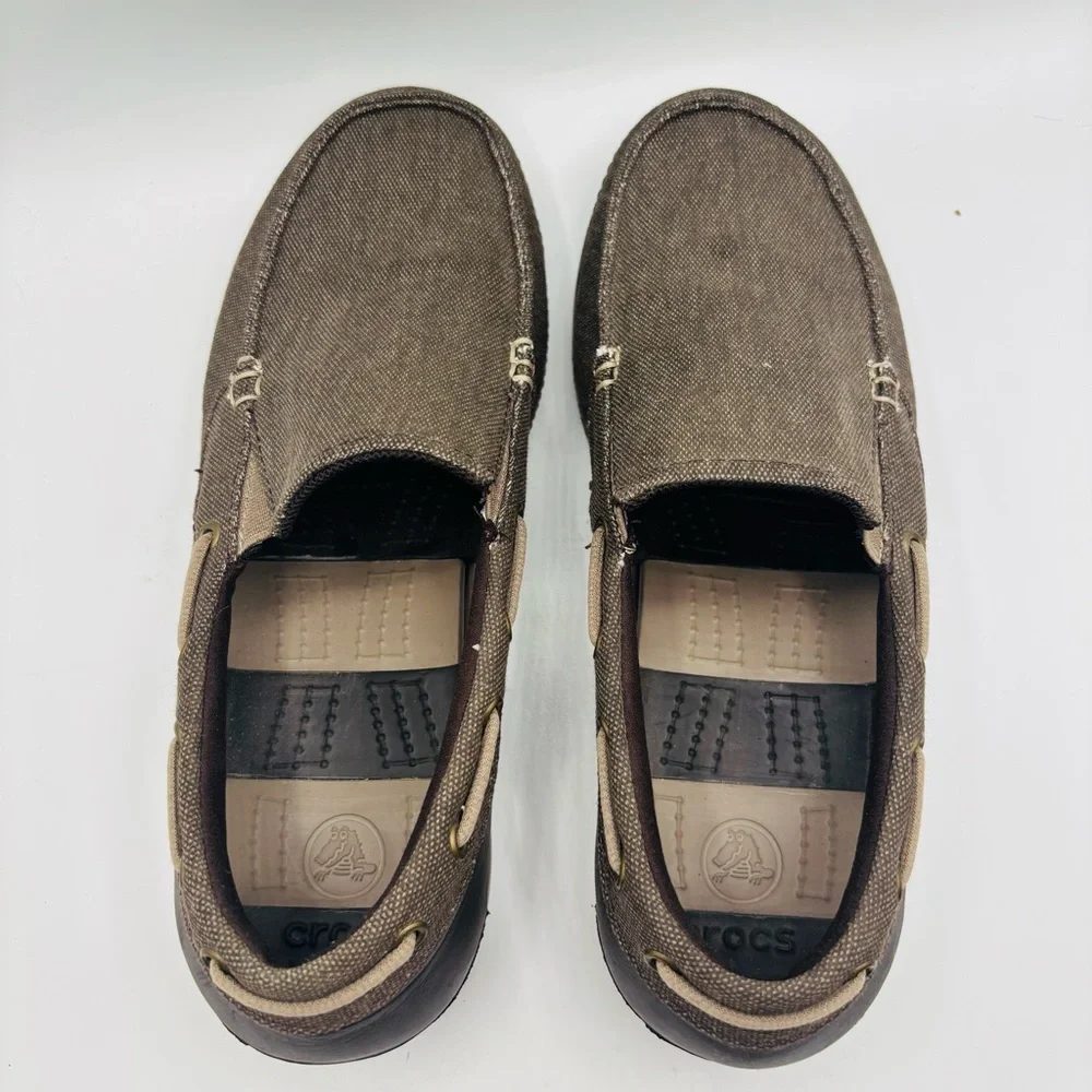 CROCS Men's Brown Canvas Slip-On Boat Shoe with Tan Accents